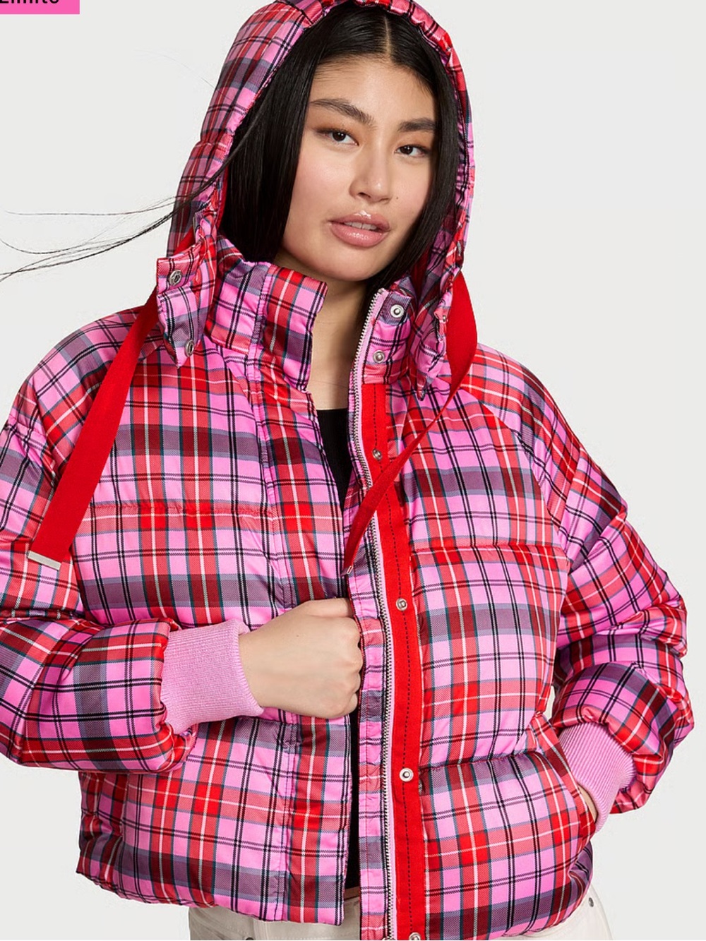 PINK Victoria's Secret Pink & Red Plaid Puffer Jacket with Hood New with tags
